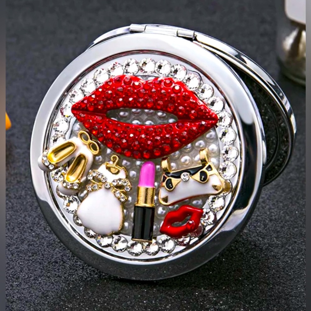 Girls Night Out Compact Lipstick Mirror Adorned In Charms & Rhinestones-NEW